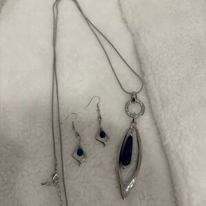 Elegant Silver and Blue Pendant Necklace and Earrings